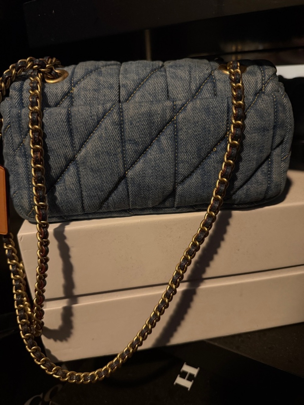 Coach Quilted Denim Crossbody Bag in Blue with Chain Strap - Picture 3 of 5